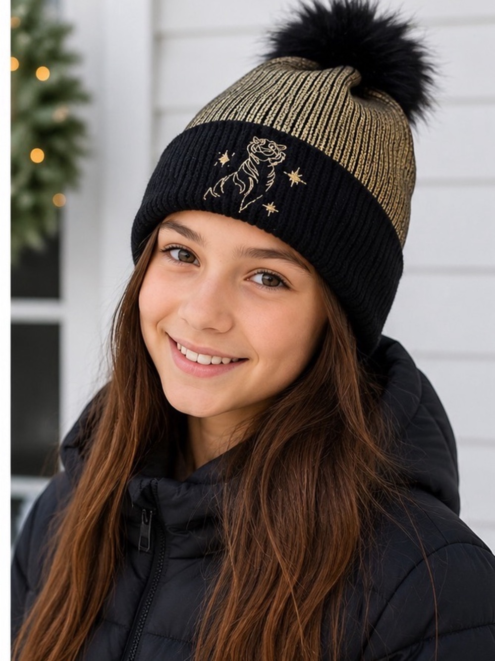 Disney Black & Gold Knit Pom Beanie with Embroidered Tiger
